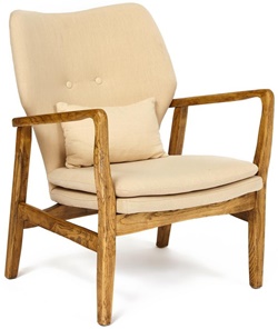 Кресло с подлокотниками в стиле ретро, каркас из массива дерева в цвете: груша, подушки с тканевой обивкой